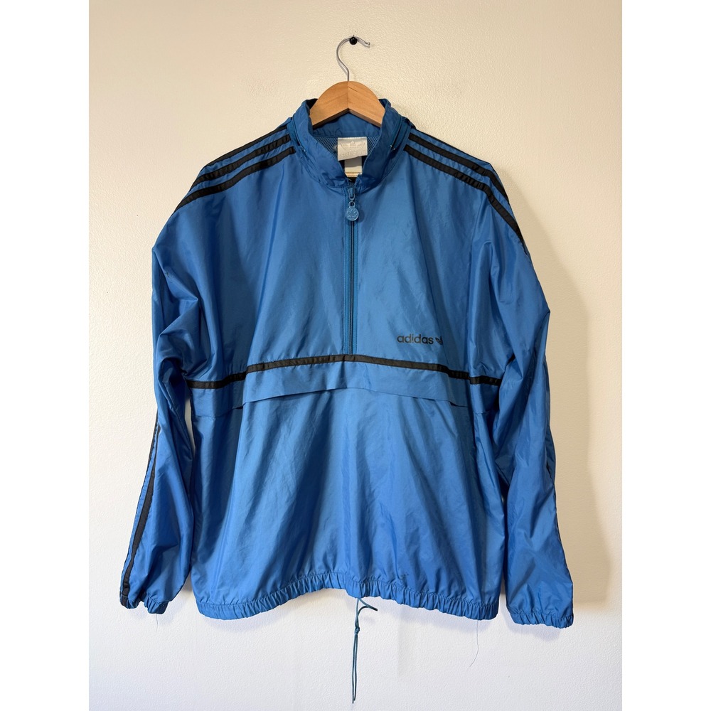 Vintage Adidas Mens 80s‎ Quarter Zip Windbreaker Blue Black Striped Trefoil XL
